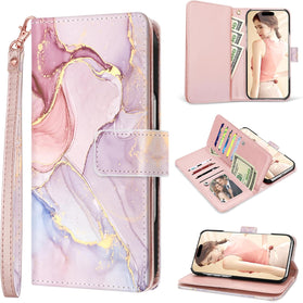 iPhone 17 Pro Marble Rose Gold PU Leather Detachable Wrist Strap - Redpepper Cases