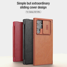 Galaxy S22 Ultra Leather Flip Cover Slide Camera Lens Protection Case