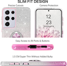 Samsung S21 Ultra Case, Slim Fit Glitter Sparkly 360° Ring Holder Mount Supported Protective - Redpepper Cases